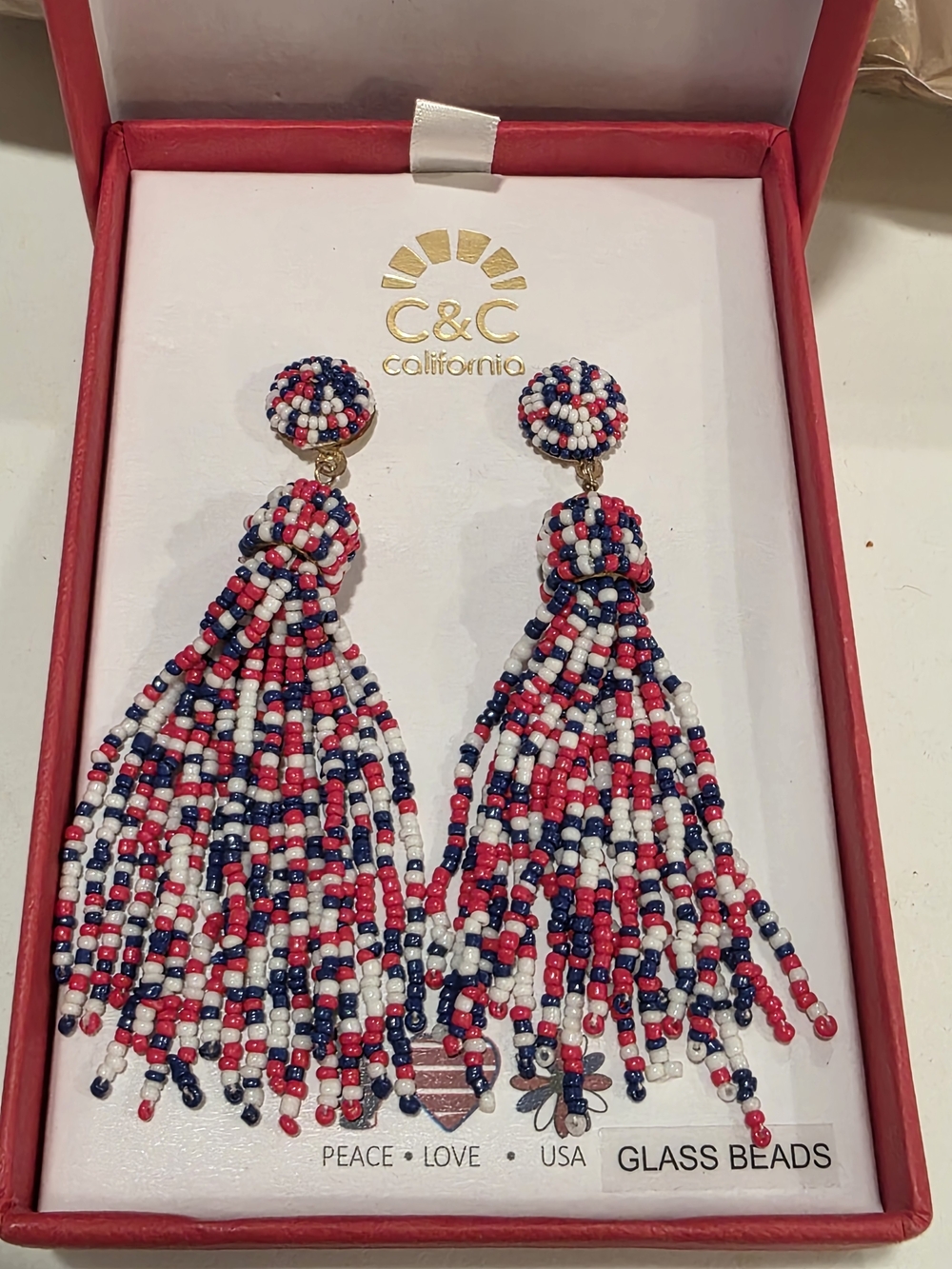 C&C California Beaded Tassel Drop Earrings - Red, White & Blue